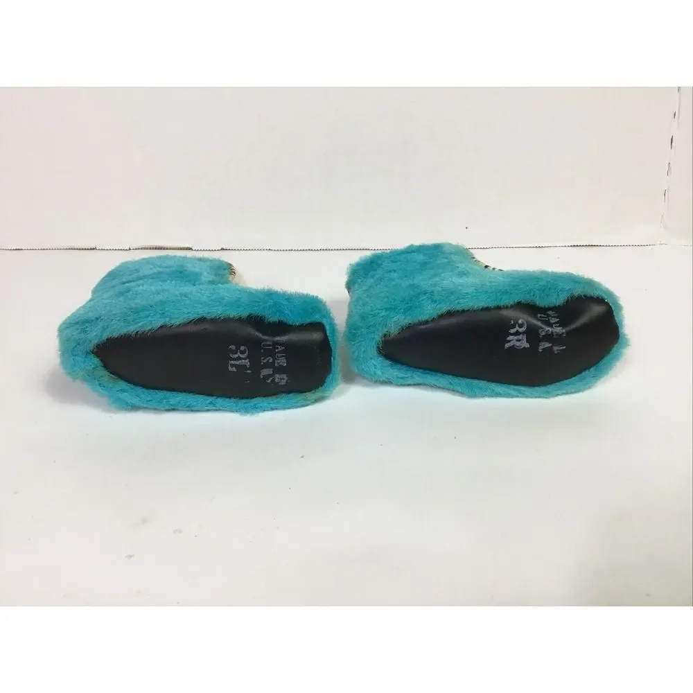 1960s Vintage Baby Booties Moccasin Size‎ 3 Fur animal Turquoise white Made USA
